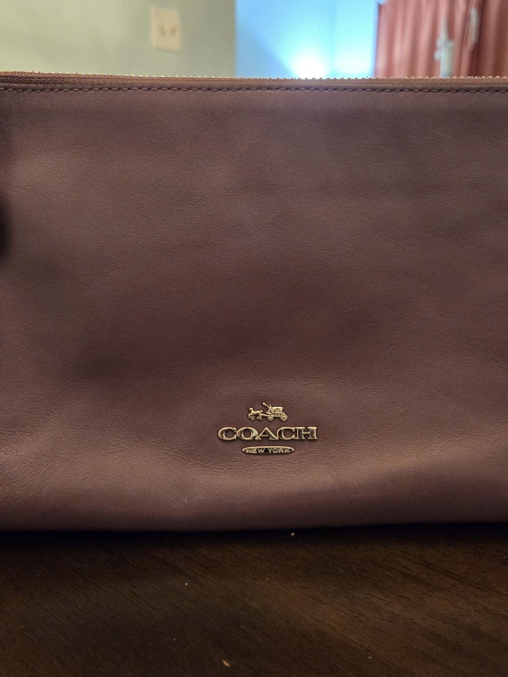 Coach Leather Clutch in Plum with Gold Logo